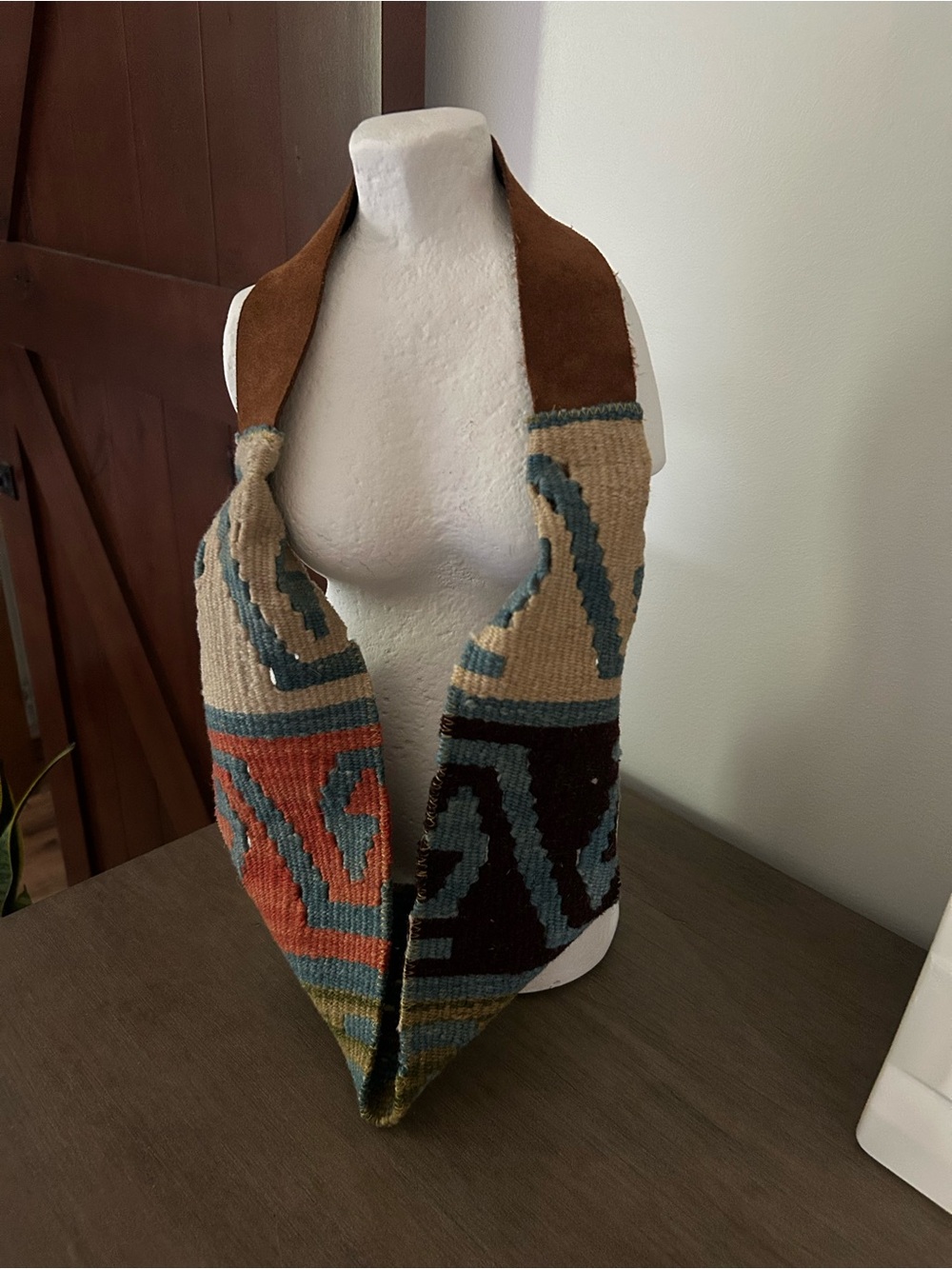 Handwoven Geometric Neck Scarf with Suede Trim - Brown Multi